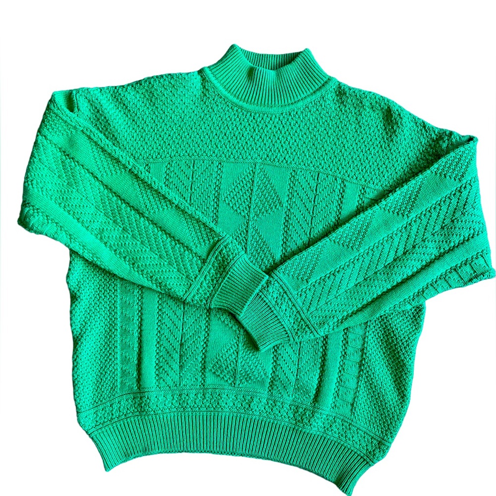 VTG Liz Sport Kelly Green Mock Neck Chunky Knit Cotton Sweater Womens Large